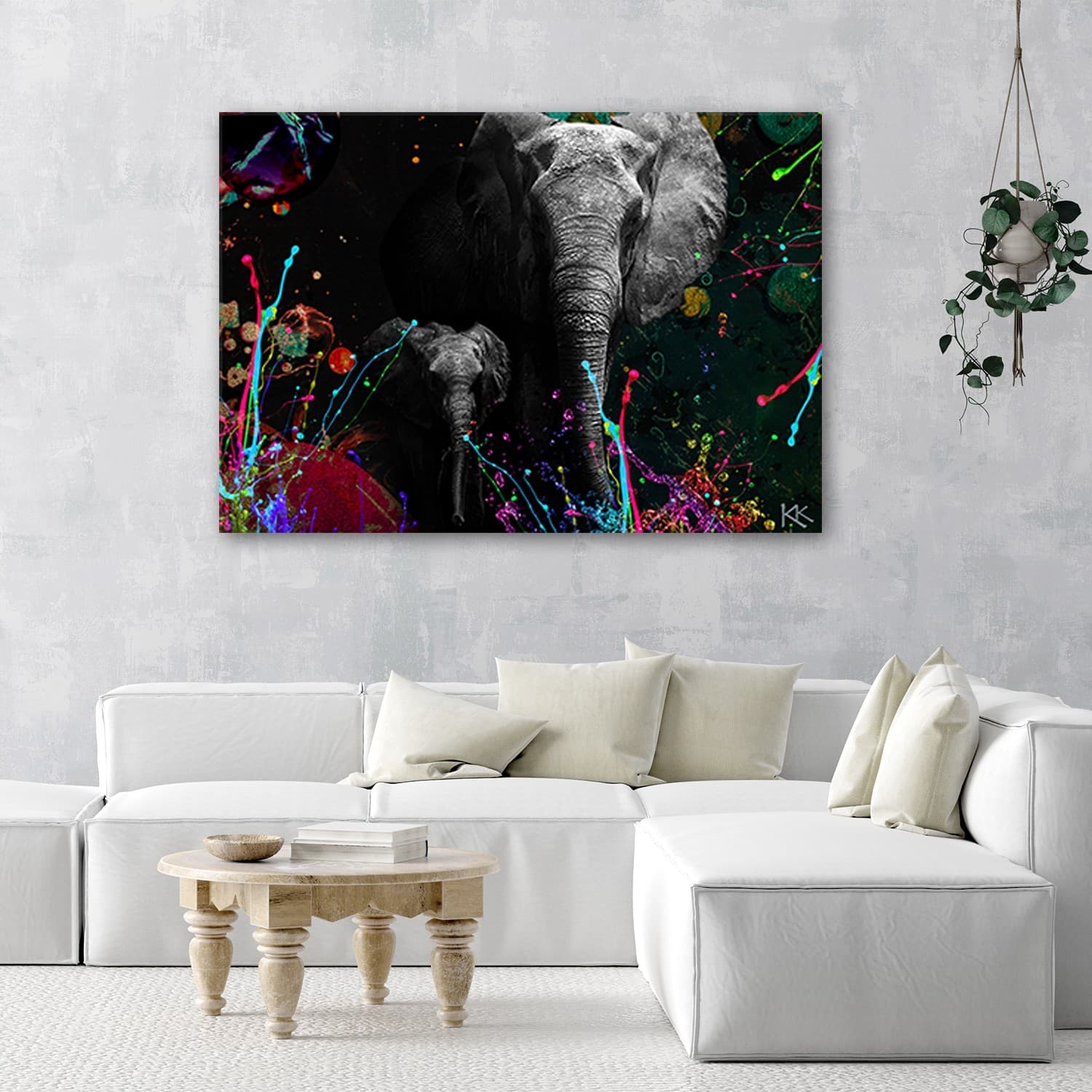 Quadro su tela, Elefante su uno sfondo colorato - 2