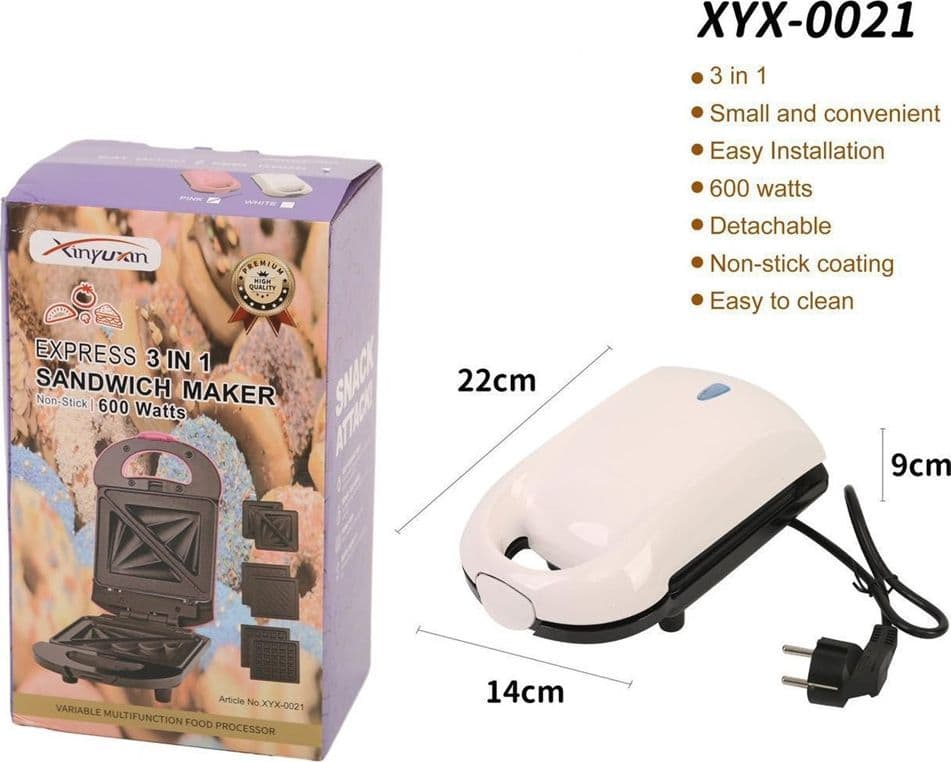 MINI PIASTRA PER SANDWICH WAFFLE 3IN1 600W MULTIFUNZIONALE CON PIASTRE INTERCAMBIABILI - 2
