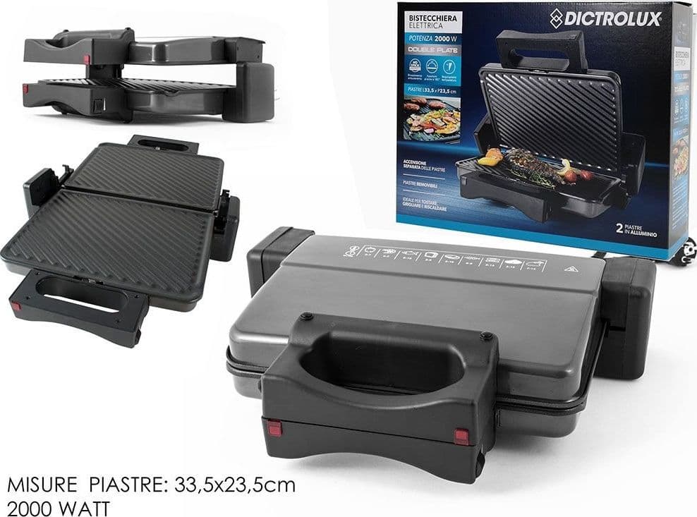 BISTECCHIERA ELETTRICA 2000W ACCENSIONE SEPARATA PIASTRE ALLUMINIO ANTIADERENTI RIMOVIBILI - 2