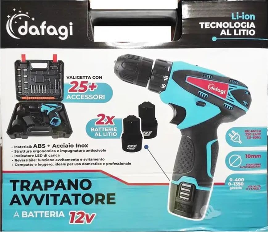 TRAPANO AVVITATORE A 2 BATTERIA LITIO 12V FUNZIONE REVERSIBILE CON VALIGETTA 25 ACCESSORI - 7