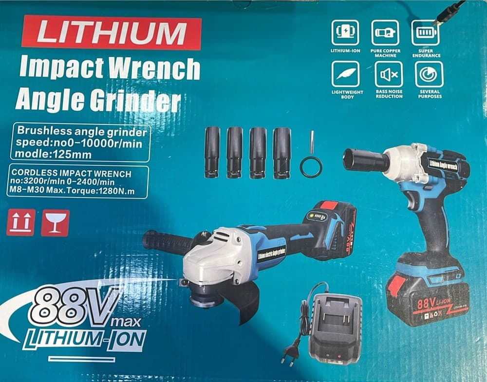 KIT AVVITATORE A IMPULSI + SMERIGLIATRICE ANGOLARE ELETTRICI A BATTERIA 88V MOLTEPLICI USI - 2