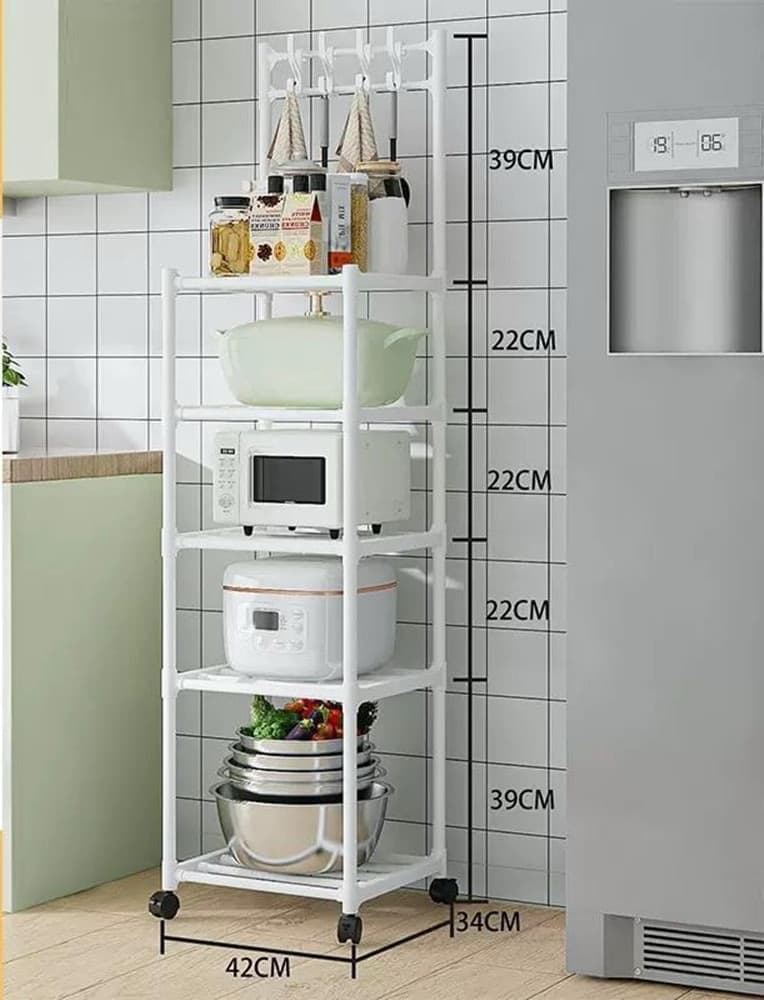 CARRELLO SCAFFALE PORTAOGGETTI MULTIUSO DA CUCINA BAGNO 5 RIPIANI CON RUOTE GANCI BIANCO - 2