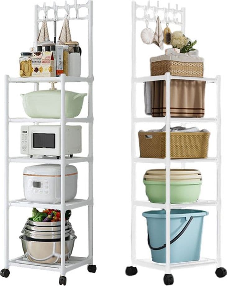 CARRELLO SCAFFALE PORTAOGGETTI MULTIUSO DA CUCINA BAGNO 5 RIPIANI CON RUOTE GANCI BIANCO - 3