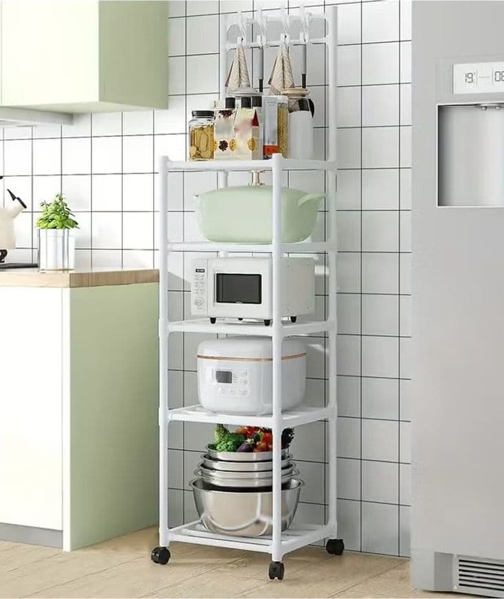 CARRELLO SCAFFALE PORTAOGGETTI MULTIUSO DA CUCINA BAGNO 5 RIPIANI CON RUOTE GANCI BIANCO - 4