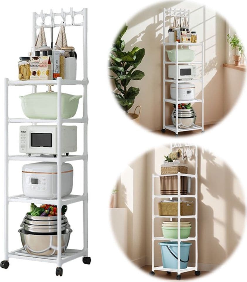 CARRELLO SCAFFALE PORTAOGGETTI MULTIUSO DA CUCINA BAGNO 5 RIPIANI CON RUOTE GANCI BIANCO - 6