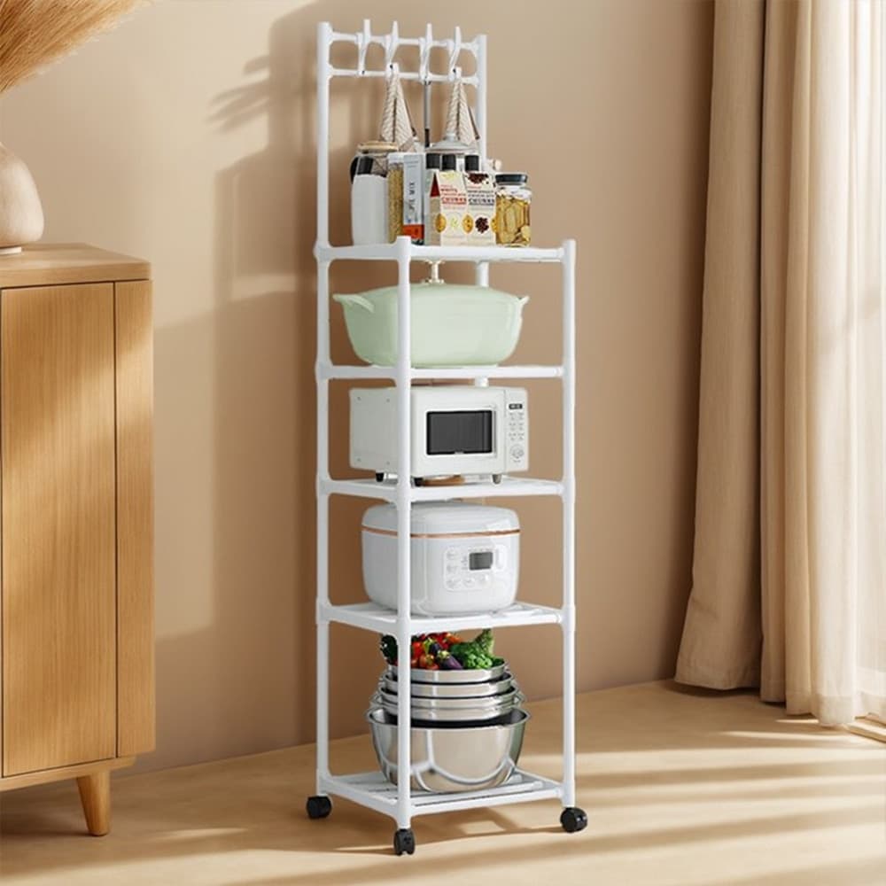CARRELLO SCAFFALE PORTAOGGETTI MULTIUSO DA CUCINA BAGNO 5 RIPIANI CON RUOTE GANCI BIANCO - 7