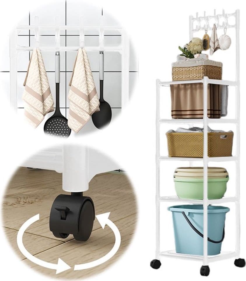 CARRELLO SCAFFALE PORTAOGGETTI MULTIUSO DA CUCINA BAGNO 5 RIPIANI CON RUOTE GANCI BIANCO - 8