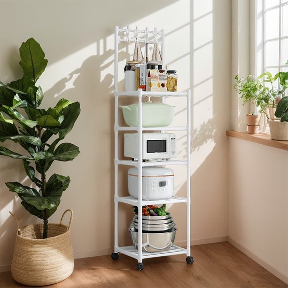 CARRELLO SCAFFALE PORTAOGGETTI MULTIUSO DA CUCINA BAGNO 5 RIPIANI CON RUOTE GANCI BIANCO - 9