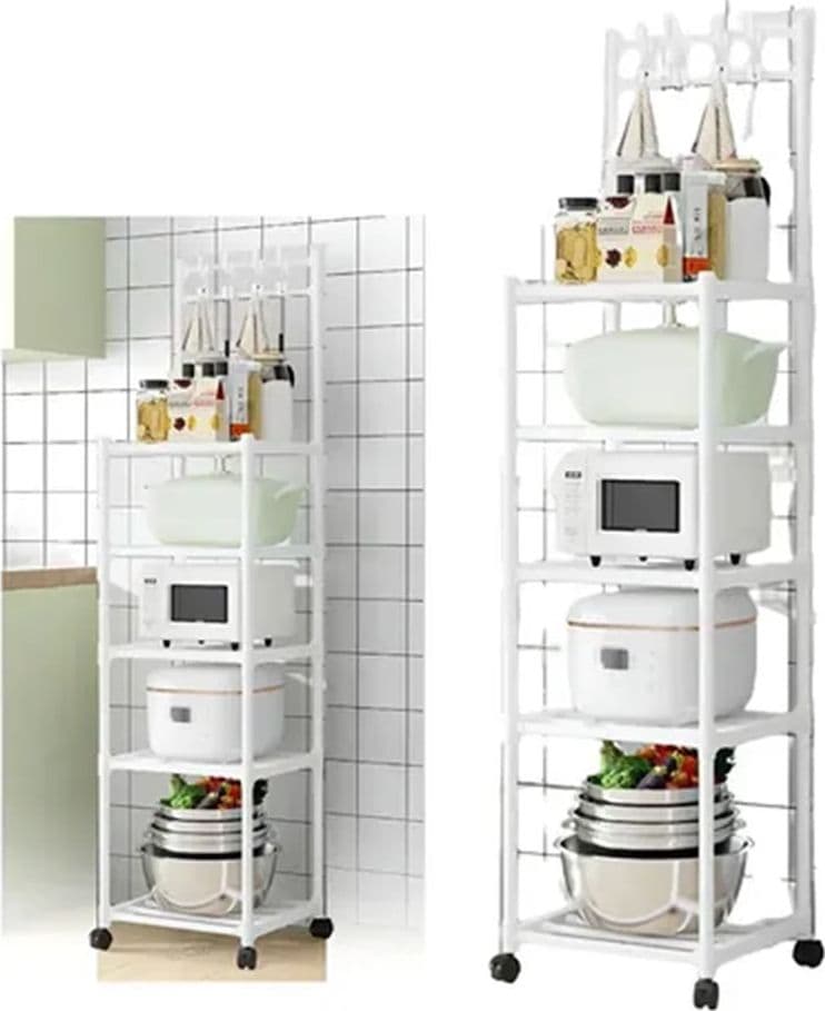 CARRELLO SCAFFALE PORTAOGGETTI MULTIUSO DA CUCINA BAGNO 5 RIPIANI CON RUOTE GANCI BIANCO - 10