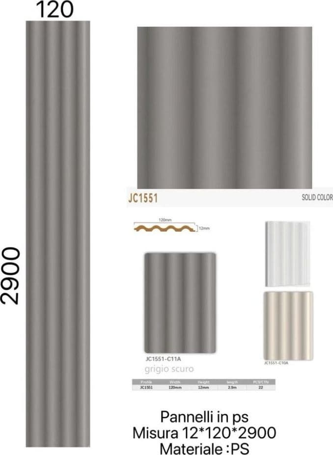 Pannello decorativo 3D da parete grigio scuro 12x120x290 cm in PS design ondulato - 2