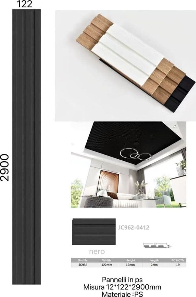 Pannello decorativo 3D da parete nero 12x122x290 cm effetto doghe in PS moderno - 2