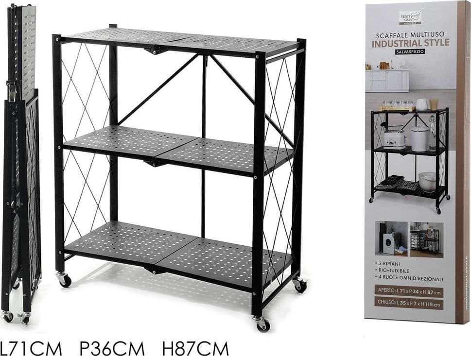 SCAFFALE MULTIUSO LIBRERIA PIEGHEVOLE CON 3 RIPIANI RUOTE IN ACCIAIO VERNICIATO NERO - 2