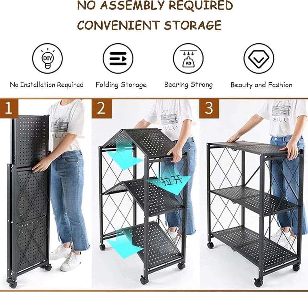 SCAFFALE MULTIUSO LIBRERIA PIEGHEVOLE CON 3 RIPIANI RUOTE IN ACCIAIO VERNICIATO NERO - 4