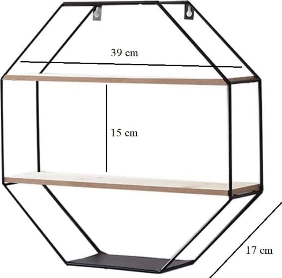 MENSOLA DA PARETE OTTAGONALE IN FERRO LEGNO SOSPESA CON 2 RIPIANI DESIGN INDUSTRIALE - 2