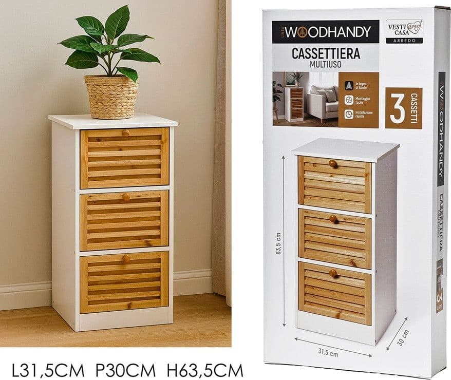 CASSETTIERA MULTIUSO A 3 CASSETTI MOBILETTO IN LEGNO DI ABATE 31,5X30X63,5CM BAGNO INGRESSO - 2