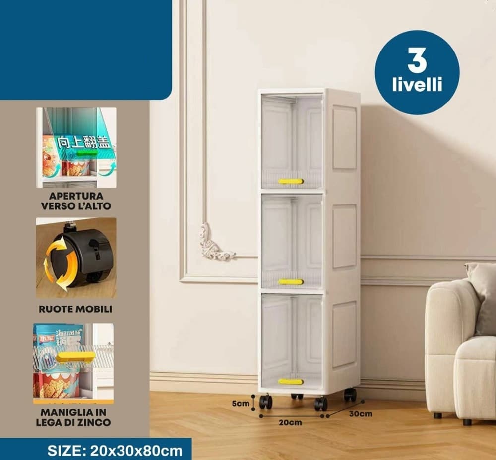 MOBILETTO A 3 LIVELLI CONTENITORE PORTAOGGETTI ORGANIZER A COLONNA STRETTO CON RUOTE - 3