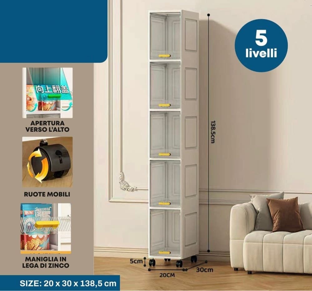 MOBILETTO A 5 LIVELLI CONTENITORE PORTAOGGETTI ORGANIZER A COLONNA STRETTO CON RUOTE - 2