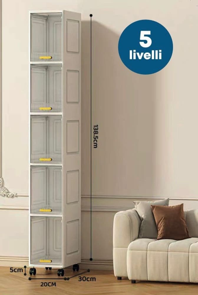 MOBILETTO A 5 LIVELLI CONTENITORE PORTAOGGETTI ORGANIZER A COLONNA STRETTO CON RUOTE - 3