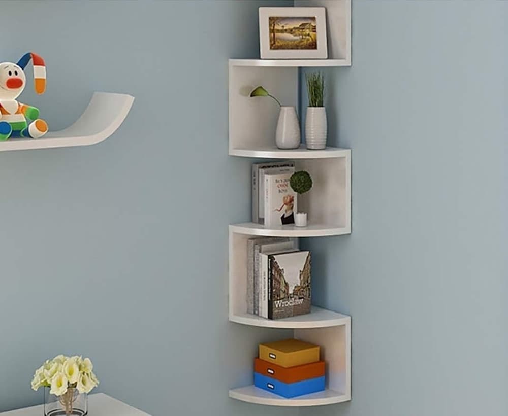 MENSOLA ANGOLARE A PARETE A 5 LIVELLI RADIALE CLASSICA RETTANGOLARE SCAFFALI LIBRERIA - 2
