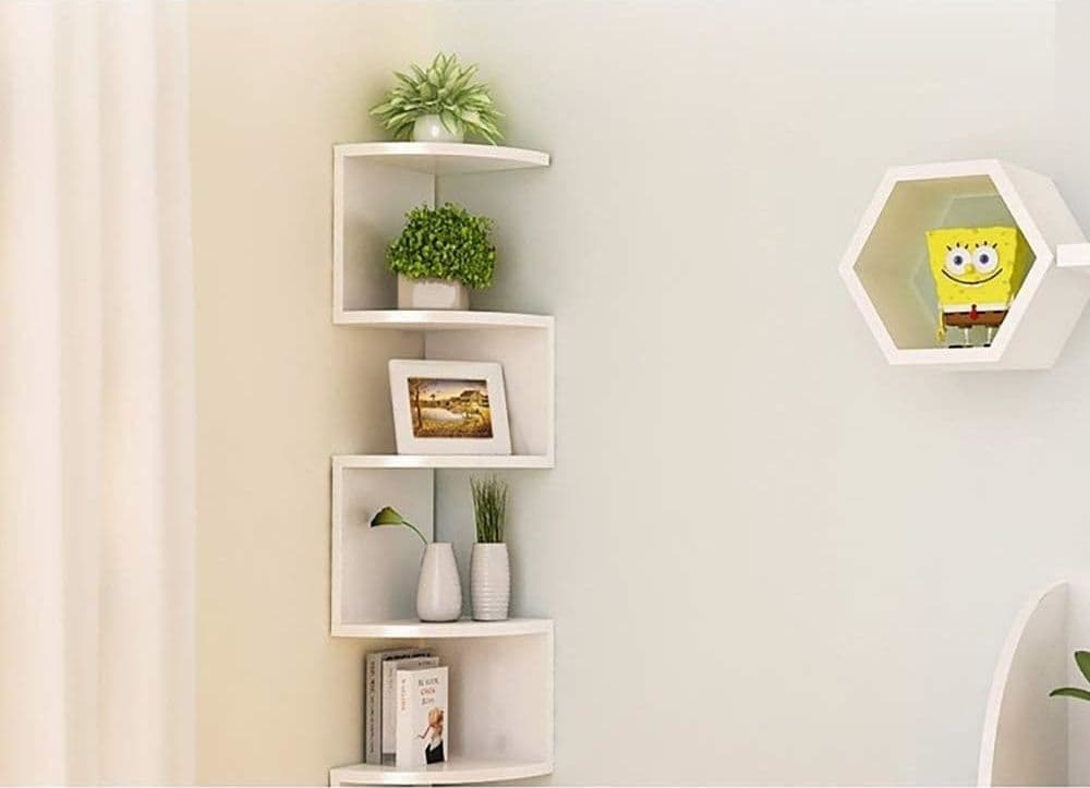 MENSOLA ANGOLARE A PARETE A 5 LIVELLI RADIALE CLASSICA RETTANGOLARE SCAFFALI LIBRERIA - 3
