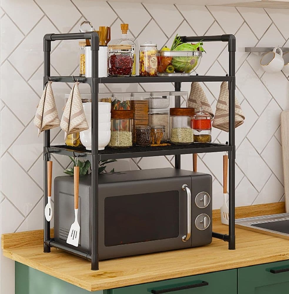 SCAFFALE PER FORNO MICROONDE A LIVELLI MENSOLA RIPIANI CUCINA SALVASPAZIO CON GANCI - 2