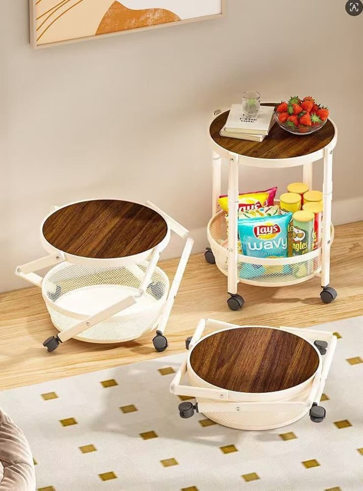 TAVOLO ROTONDO DESIGN PIEGHEVOLE MULTIUSO CARRELLO A 2 LIVELLI RIPIANI CON RUOTE 52X32CM - 3