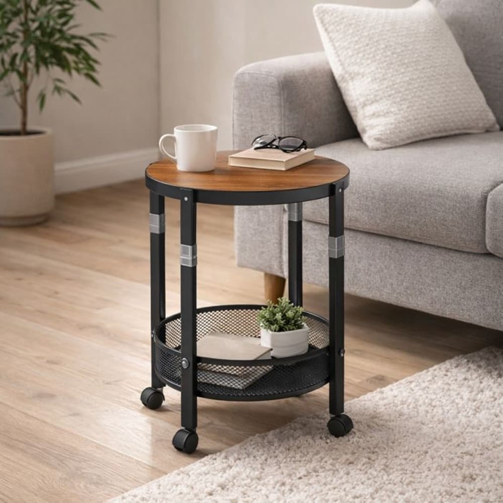TAVOLO ROTONDO DESIGN PIEGHEVOLE MULTIUSO CARRELLO A 2 LIVELLI RIPIANI CON RUOTE 52X32CM - 4