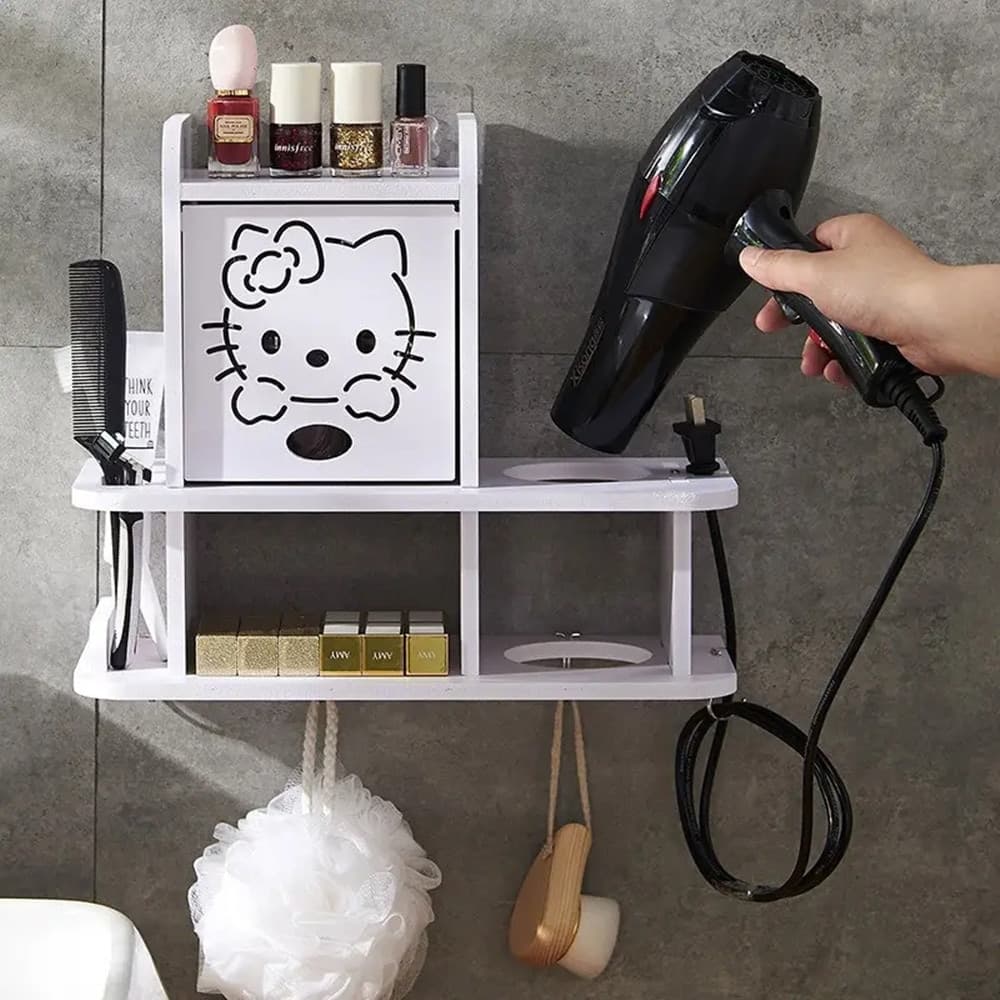 MOBILETTO A PARETE ORGANIZER BAGNO DECORO HELLO KITTY CON SCOMPARTI SUPPORTO ASCIUGACAPELLI - 5