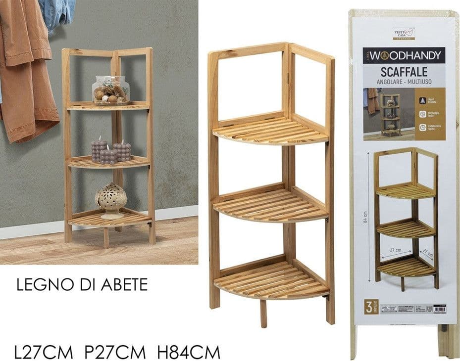 SCAFFALE ANGOLARE SALVASPAZIO MULTIUSO IN LEGNO DI ABETE A 3 RIPIANI CASA SOGGIORNO CAMERA - 2