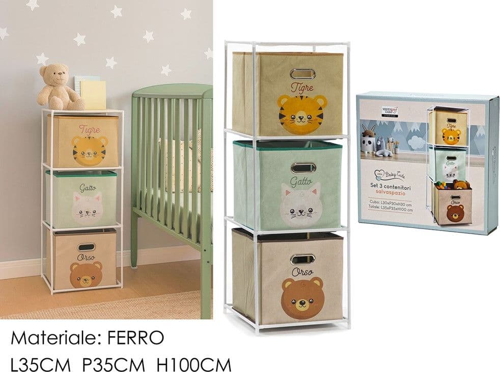SET 3 CONTENITORI CUBI SALVASPAZIO IN FERRO TESSUTO CON STAMPE ANIMALI CAMERETTA BAMBINI - 2