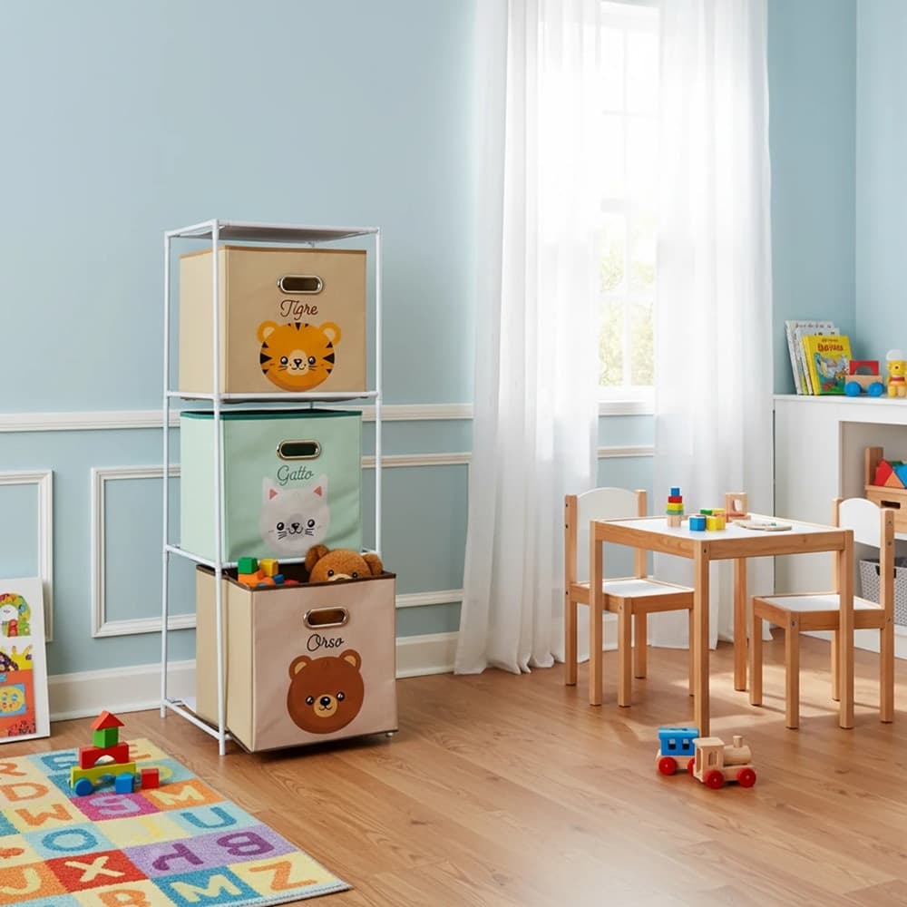 SET 3 CONTENITORI CUBI SALVASPAZIO IN FERRO TESSUTO CON STAMPE ANIMALI CAMERETTA BAMBINI - 3