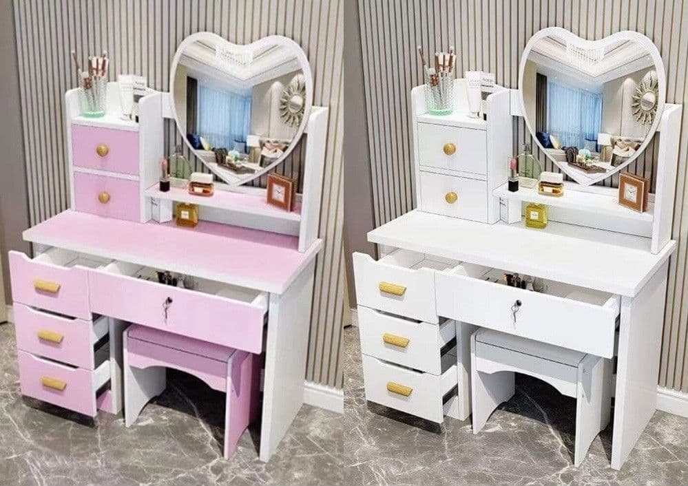 TOELETTA POSTAZIONE CON TAVOLO DA TRUCCO SPECCHIO A FORMA DI CUORE SGABELLO 6 CASSETTI - 1