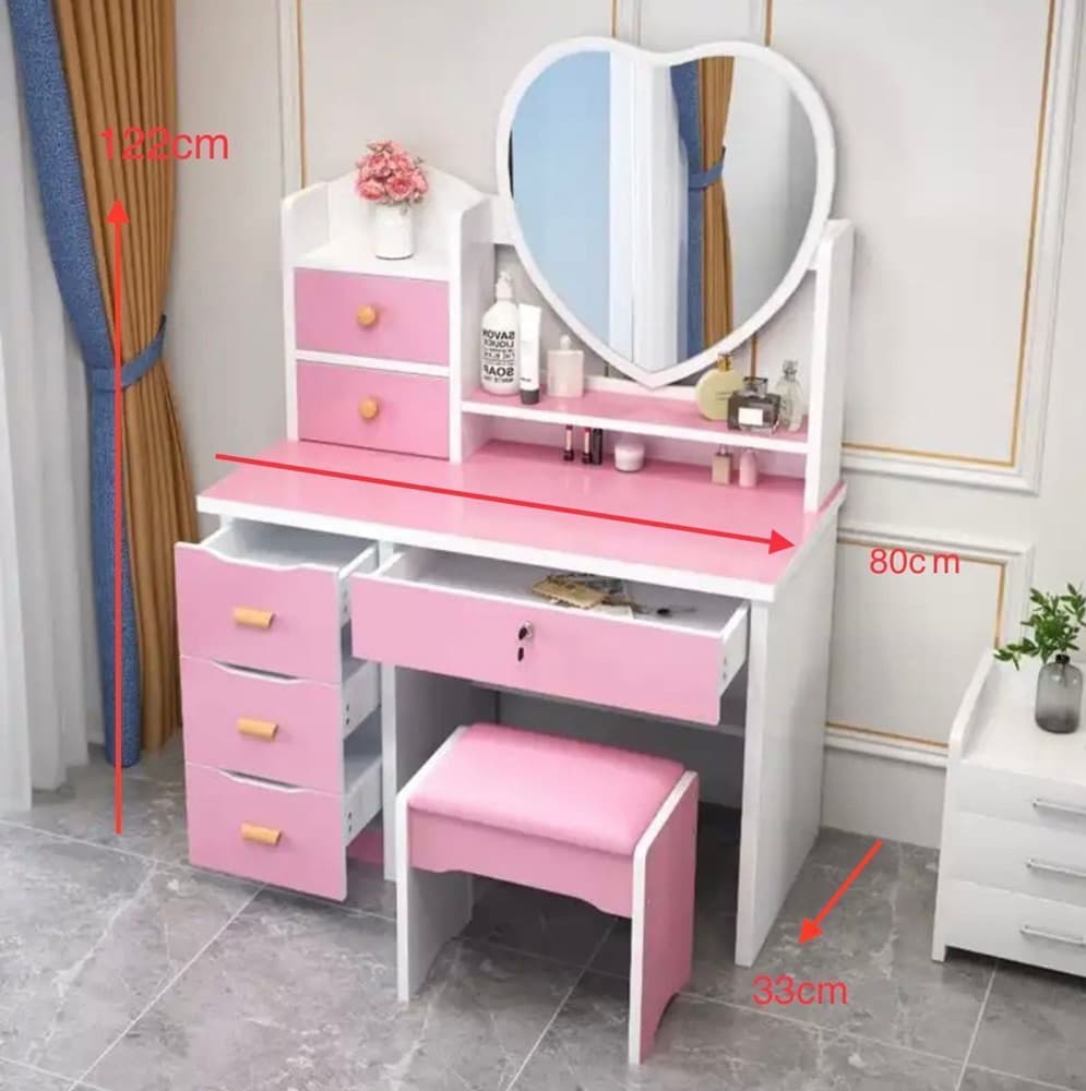 TOELETTA POSTAZIONE CON TAVOLO DA TRUCCO SPECCHIO A FORMA DI CUORE SGABELLO 6 CASSETTI - 7