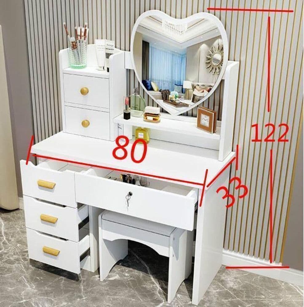 TOELETTA POSTAZIONE CON TAVOLO DA TRUCCO SPECCHIO A FORMA DI CUORE SGABELLO 6 CASSETTI - 3