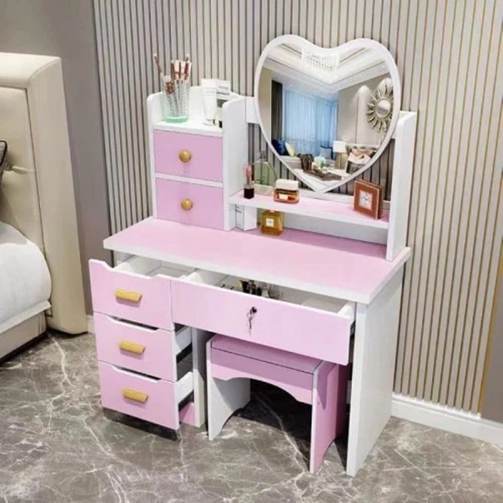 TOELETTA POSTAZIONE CON TAVOLO DA TRUCCO SPECCHIO A FORMA DI CUORE SGABELLO 6 CASSETTI - 4