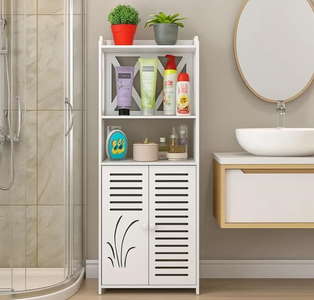 MOBILETTO DA BAGNO SALVASPAZIO CON ANTA ARMADIETTO BIANCO IMPERMEABILE ORGANIZER MULTIUSO - 3