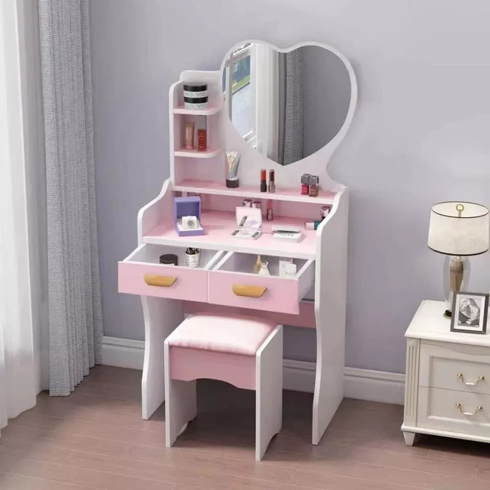 POSTAZIONE TRUCCO TAVOLO MAKE UP SPECCHIERA TOELETTA CON SPECCHIO A CUORE SGABELLO ROSA