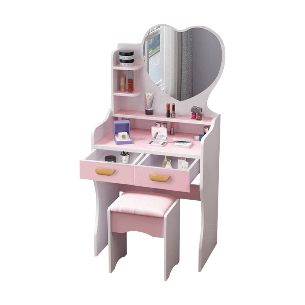 POSTAZIONE TRUCCO TAVOLO MAKE UP SPECCHIERA TOELETTA CON SPECCHIO A CUORE SGABELLO ROSA - 2