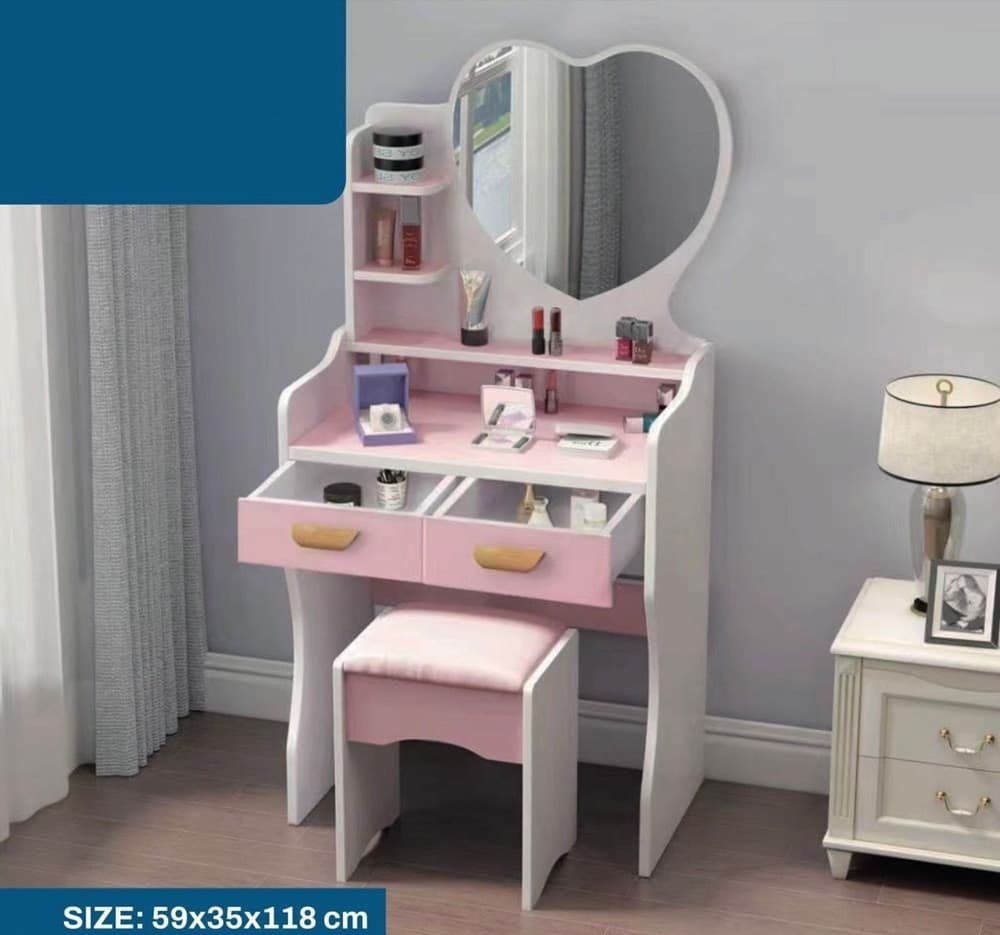 POSTAZIONE TRUCCO TAVOLO MAKE UP SPECCHIERA TOELETTA CON SPECCHIO A CUORE SGABELLO ROSA - 3