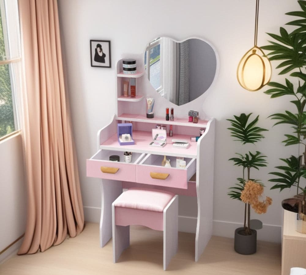 POSTAZIONE TRUCCO TAVOLO MAKE UP SPECCHIERA TOELETTA CON SPECCHIO A CUORE SGABELLO ROSA - 4
