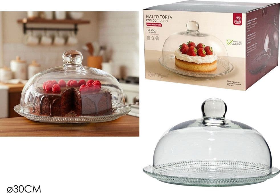 PIATTO TORTA CON CAMPANA TRASPARENTE Ø30 X H18 CM IN VETRO SOFFIATO DESIGN RAFFINATO - 2