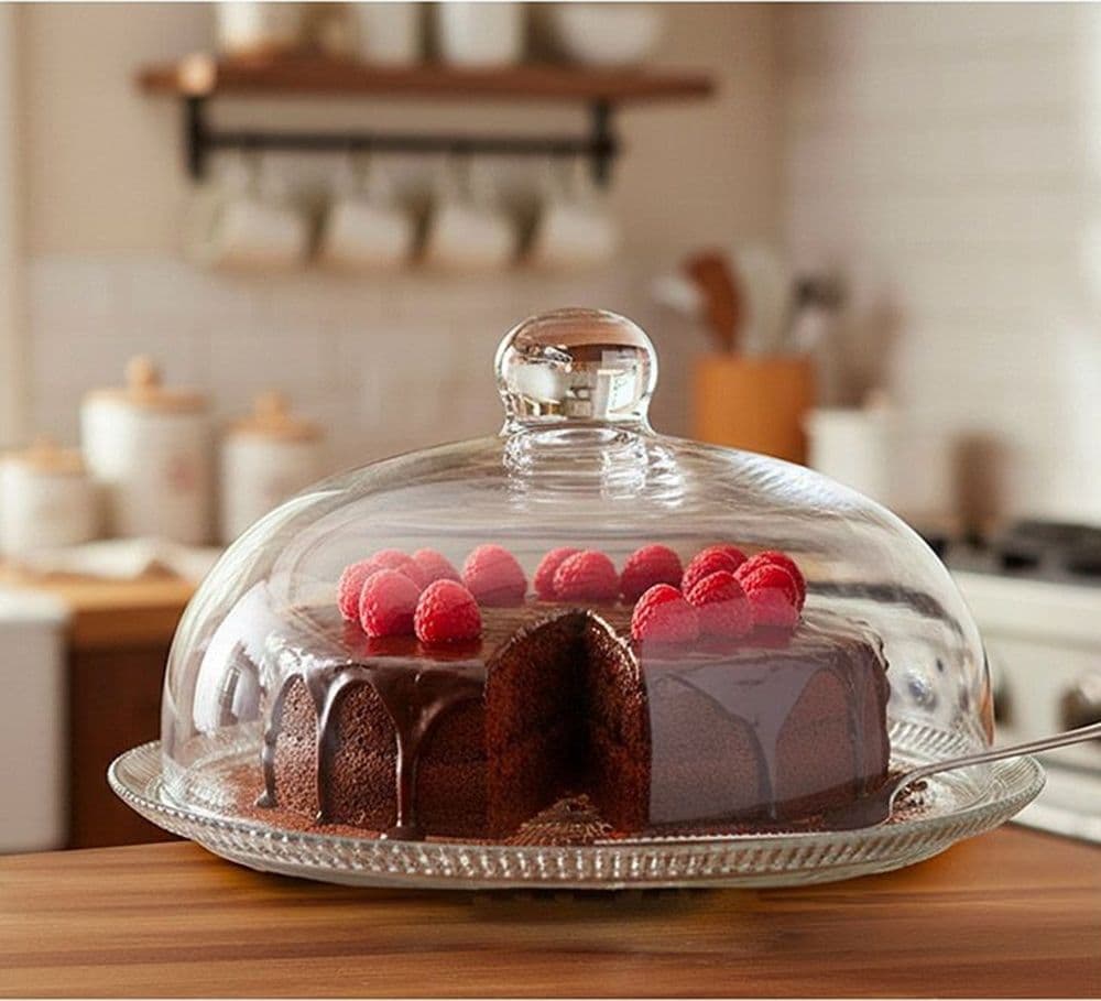 PIATTO TORTA CON CAMPANA TRASPARENTE Ø30 X H18 CM IN VETRO SOFFIATO DESIGN RAFFINATO - 3