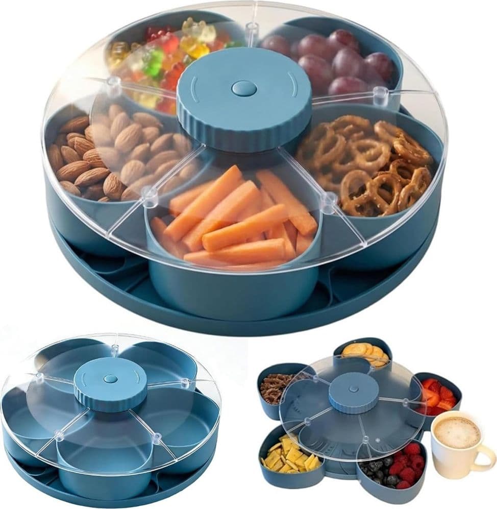 VASSOIO SNACK PORTA SPUNTINI GIREVOLE CON COPERCHIO PER ANTIPASTI PORTATUTTO CON SCOMPARTI - 2