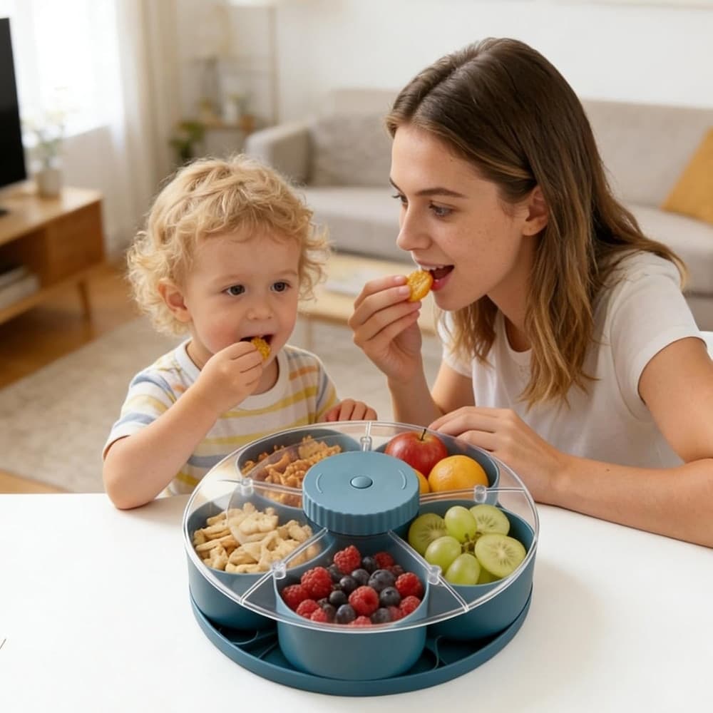 VASSOIO SNACK PORTA SPUNTINI GIREVOLE CON COPERCHIO PER ANTIPASTI PORTATUTTO CON SCOMPARTI - 11