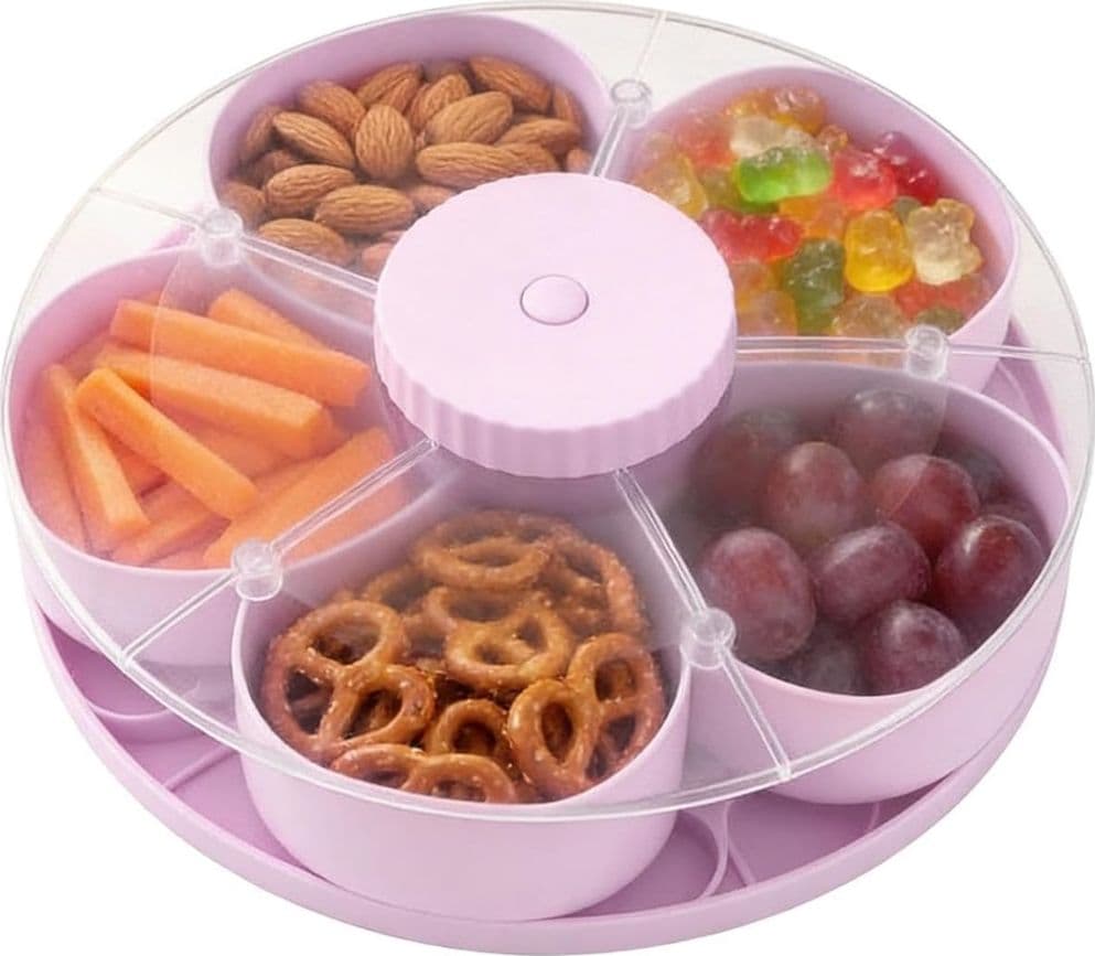 VASSOIO SNACK PORTA SPUNTINI GIREVOLE CON COPERCHIO PER ANTIPASTI PORTATUTTO CON SCOMPARTI - 3
