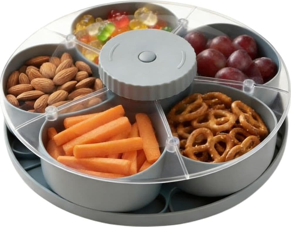 VASSOIO SNACK PORTA SPUNTINI GIREVOLE CON COPERCHIO PER ANTIPASTI PORTATUTTO CON SCOMPARTI - 5