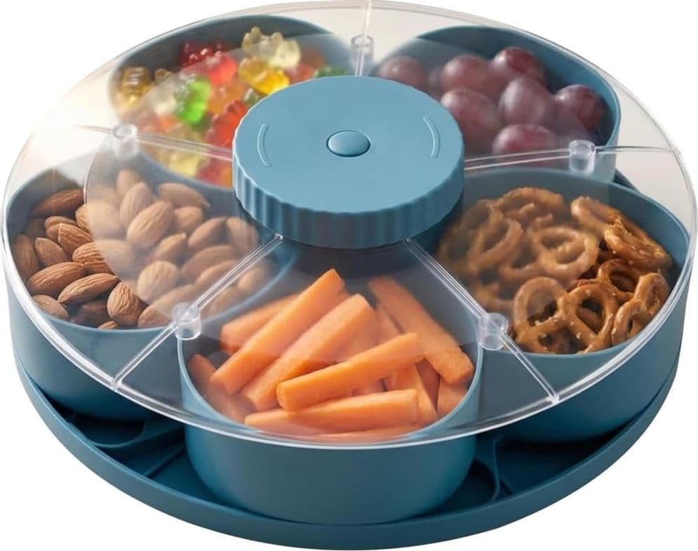 VASSOIO SNACK PORTA SPUNTINI GIREVOLE CON COPERCHIO PER ANTIPASTI PORTATUTTO CON SCOMPARTI - 7