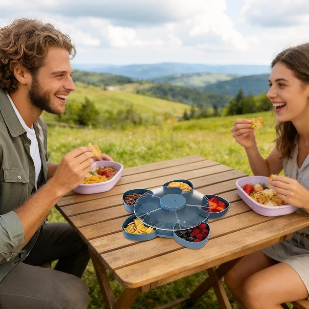 VASSOIO SNACK PORTA SPUNTINI GIREVOLE CON COPERCHIO PER ANTIPASTI PORTATUTTO CON SCOMPARTI - 9