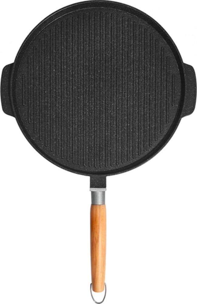 PADELLA PIASTRA BISTECCHIERA DOPPIA TONDA 2 IN 1 ANTIADERENTE IN ALLUMINIO LEGNO Ø32CM - 3