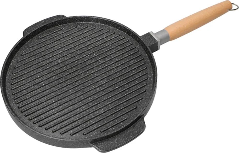 PADELLA PIASTRA BISTECCHIERA DOPPIA TONDA 2 IN 1 ANTIADERENTE IN ALLUMINIO LEGNO Ø32CM - 5